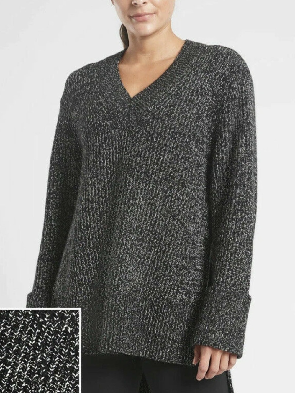 Athleta Shasta V-Neck Sweater black and white marled colorway. Size M women’s